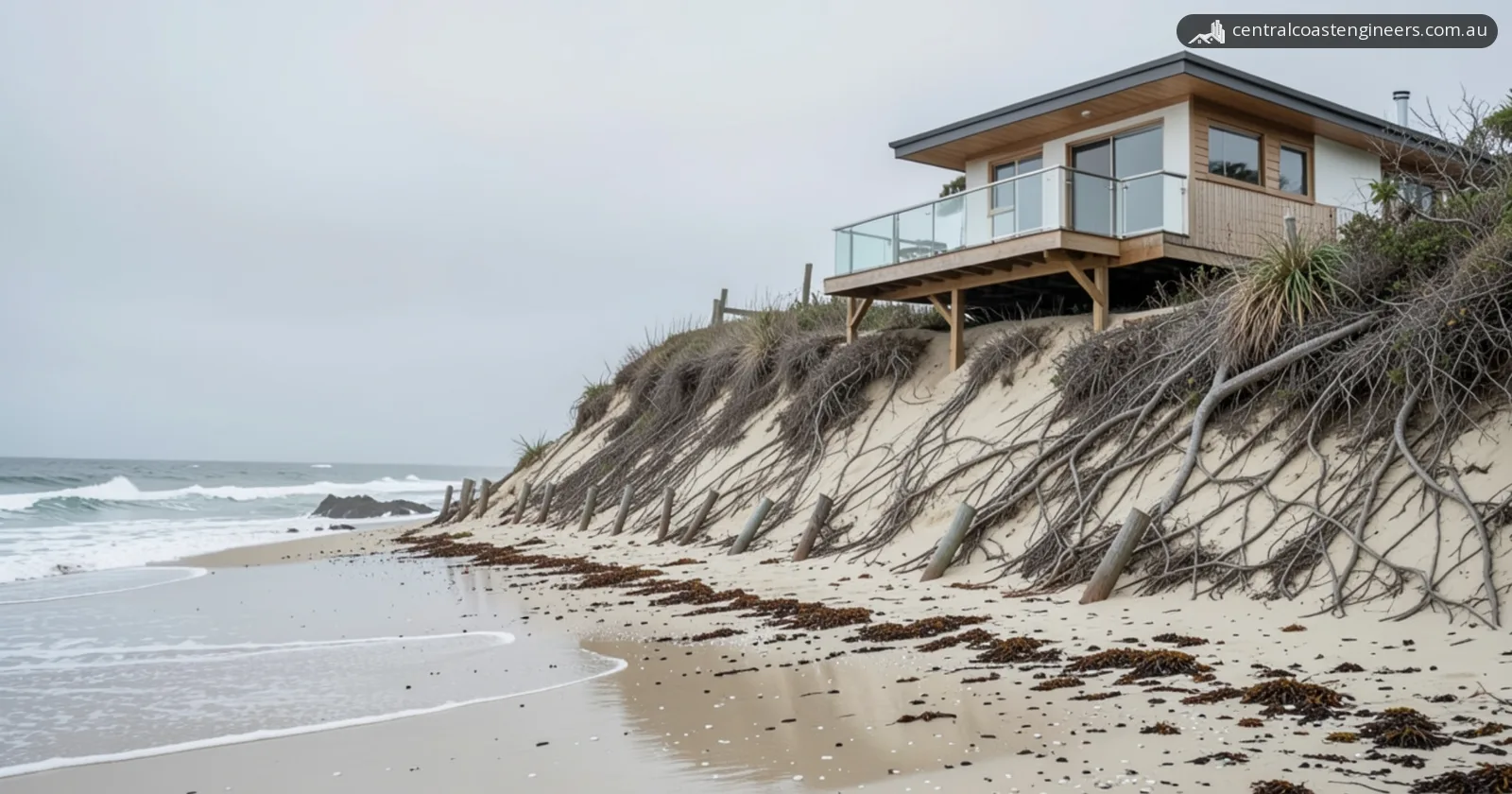 Beach house with a glass-balustraded timber deck on braced posts at the top of a steep, freshly eroded sand dune with exposed roots, leaning timber posts along the dune base and waves on an overcast day