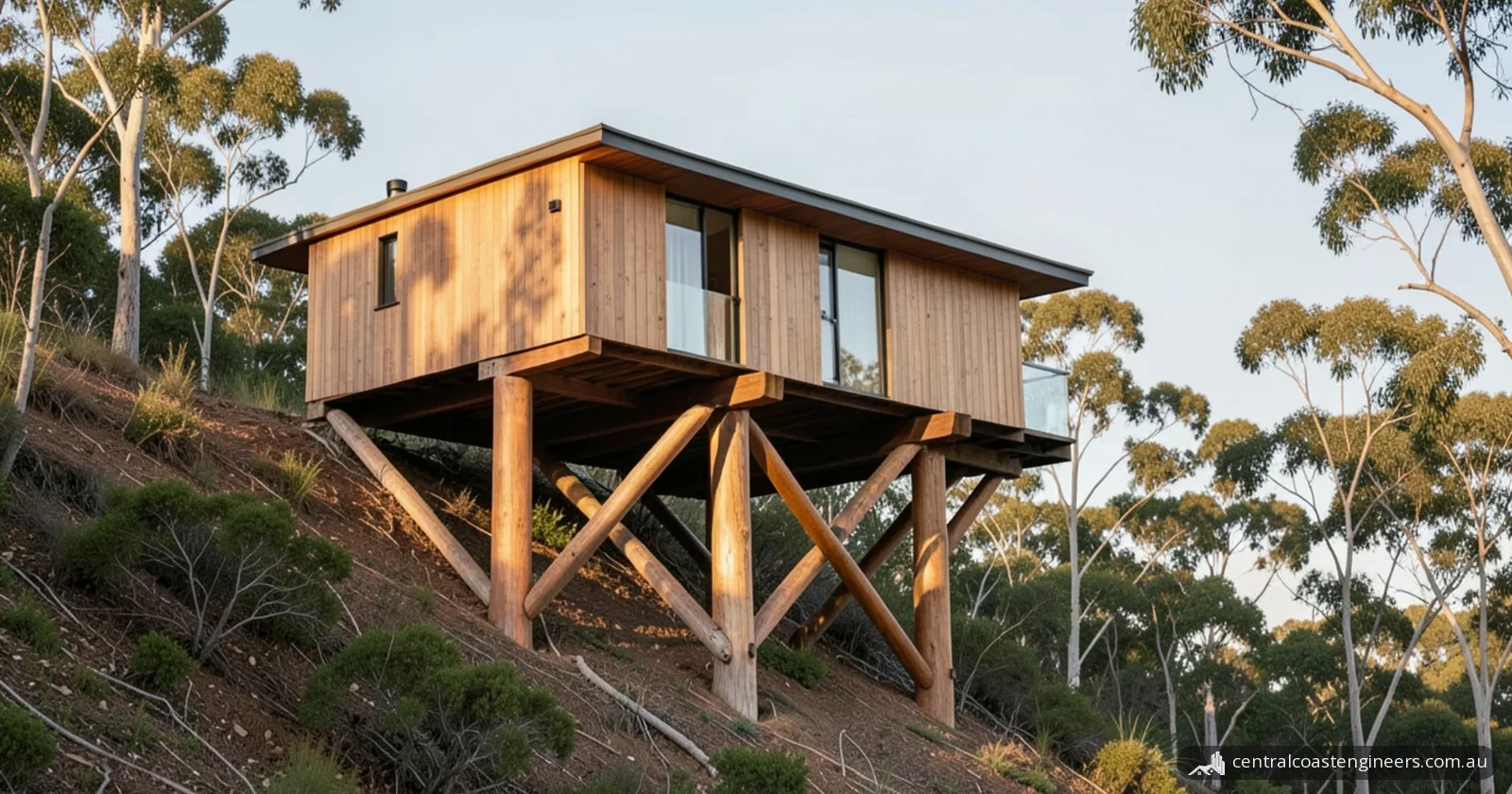 A timber-clad house with a small glass balcony, raised on stout round timber poles with diagonal timber cross-braces between them, on a steep bushland slope among eucalypts in late afternoon light