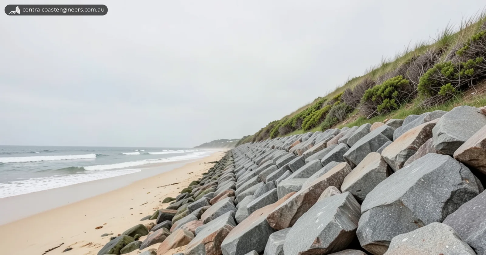 Sloping rock revetment of large angular grey and brownish boulders running along the back of a sandy surf beach under an overcast sky, with a grassy, shrub-covered dune above it and small waves breaking on the left