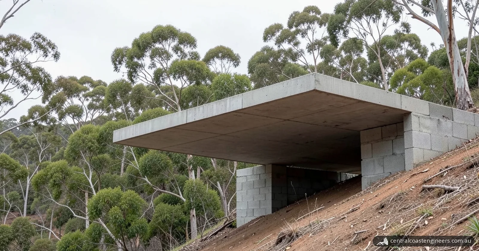 A grey concrete slab spanning out over a steep earth slope, supported on concrete block walls with an open space beneath it, and eucalyptus trees behind