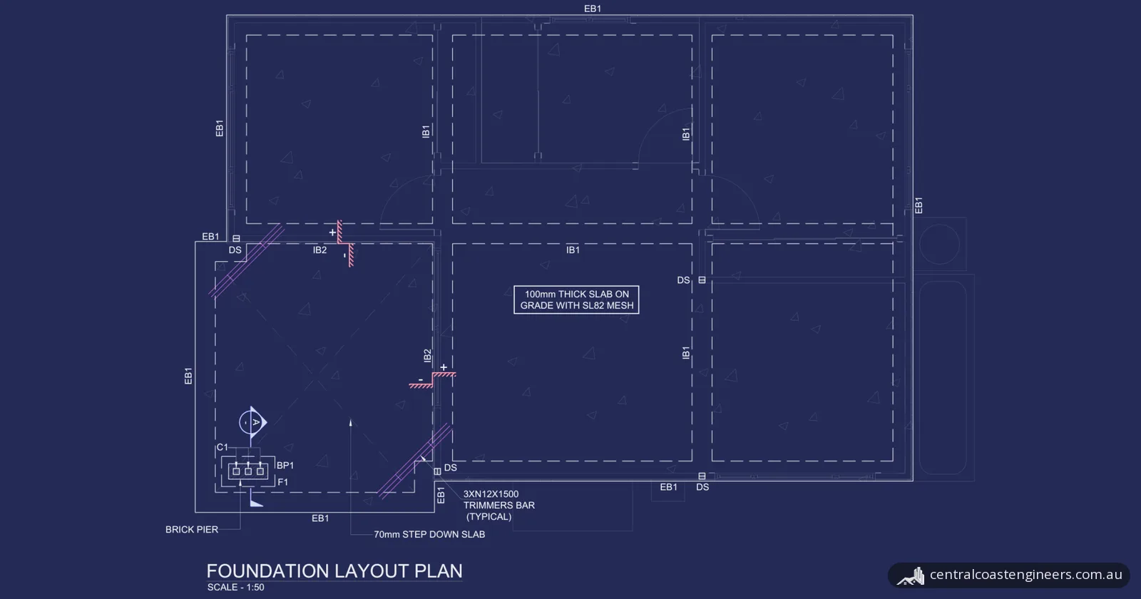 Foundation layout plan of a granny flat slab drawn as light lines on dark blue, with the edge beams, internal beams and a brick pier marked