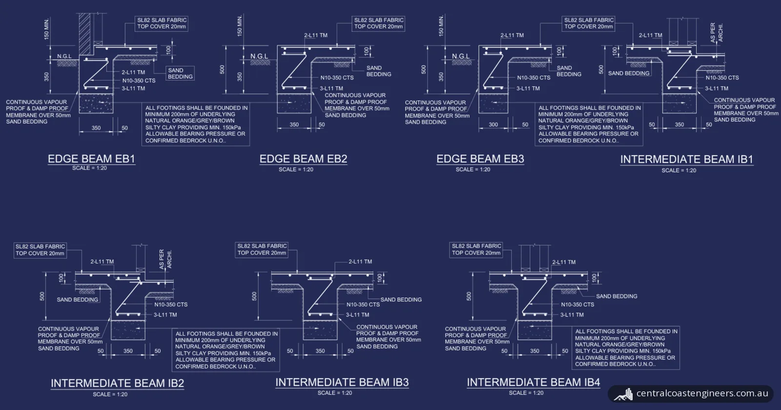 Sections through three edge beams and four internal beams under a concrete slab on ground, showing trench mesh, bars and slab fabric, drawn as light lines on dark blue